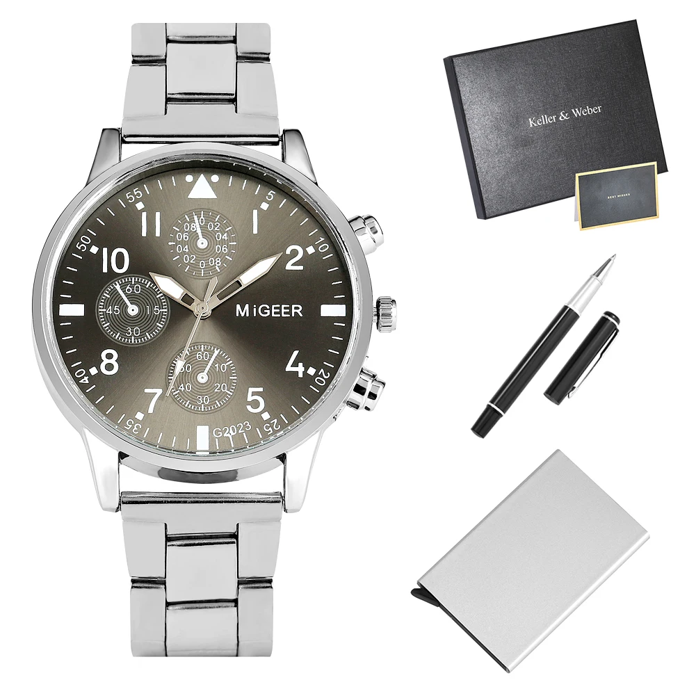 Men's Silver Watch Set Practical Black Pen Automatic Business Card Case Quartz Wristwatch Gift Set Birthday Gift for Dad Husband