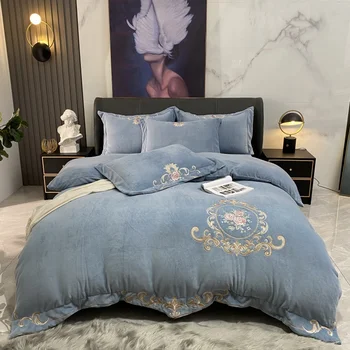 

Luxury European Style Flowers Embroidery Winter Thicken Warm Velvet Flannel Fleece Bedding Set Duvet cover Bed Sheet Pillowcases