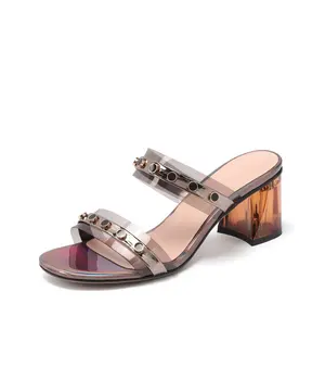 

Genuine leather Slippers women European luxury crystal heels sandals genuine sheepskin women's shoes sizes 34-42