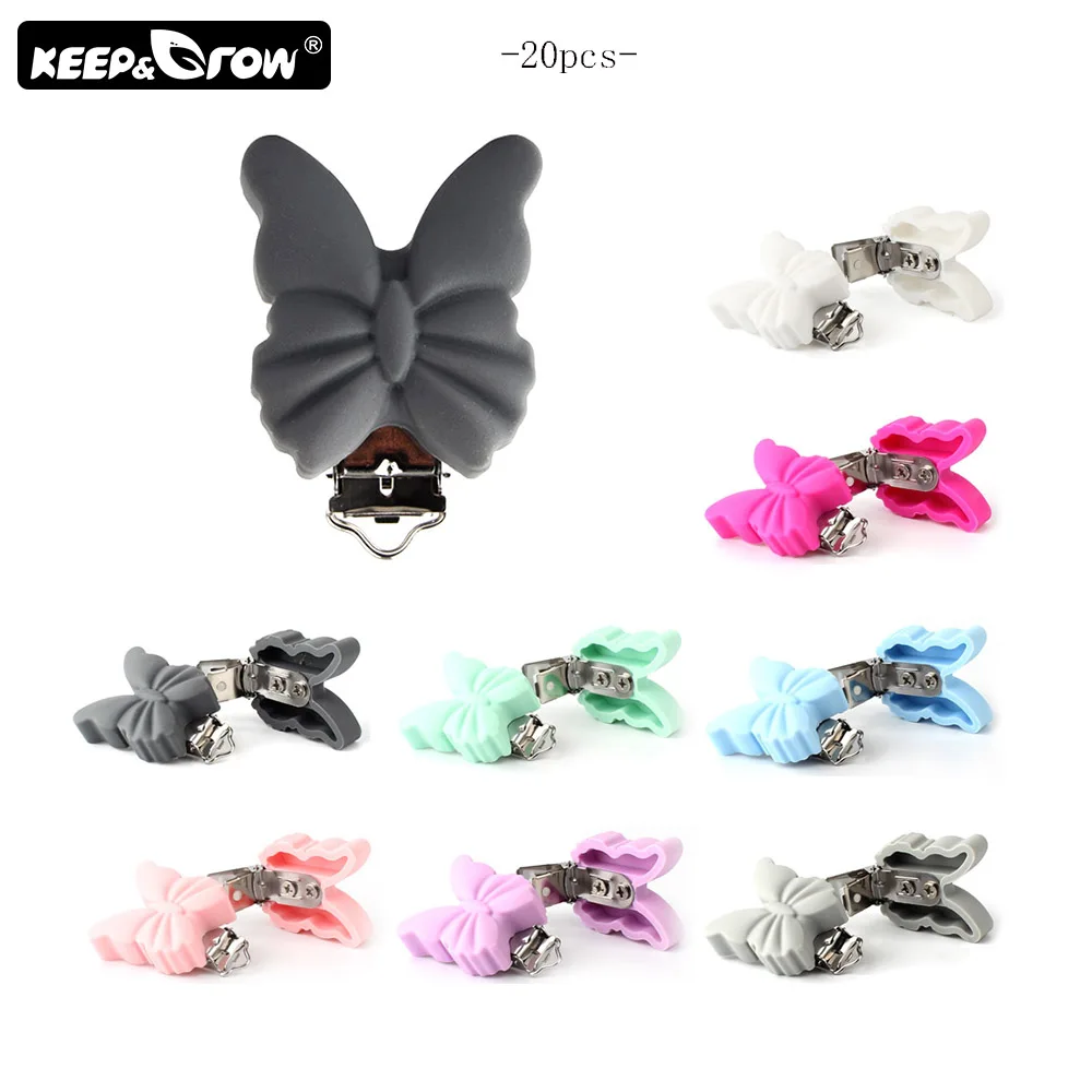 

Keep&Grow 20Pcs/Lot Butterfly Pacifier Clips Baby Teething Beads Food Grade Silicone Pacifier Holder Nipple DIY Tool Accessories