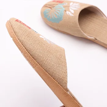 

Summer Casual Slides Women Men Flax Slippers Chinese Embroidery Flowers Platform Sandals Flip Flops Lovers Indoor Shoes