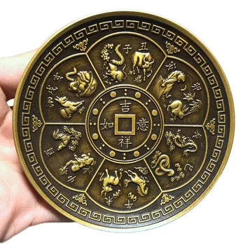 

LAOJUNLU Brass Auspicious Wish Zodiac Tray Plate Dish Vintage Home Decoration