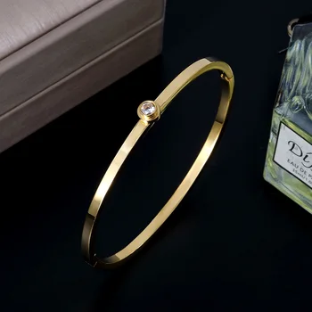 

New Simple Gold Plating Bangle Bracelet Stainless Steel Single CZ Cuff Bangles For Women Bracelets Christmas Thanksgiving Gift
