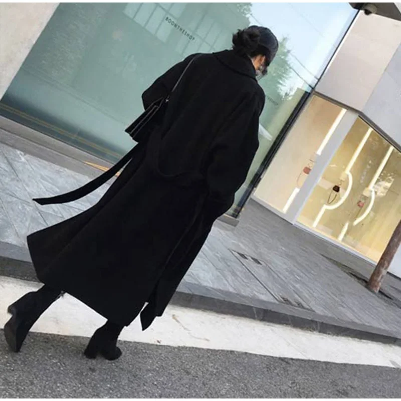 Хепберн модный пояс женское длинное кашемировое пальто корейские свободные офисные женские шерстяные куртки карманы элегантная женская верхняя одежда