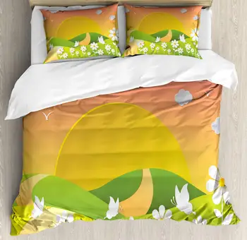 

Flower Landscapes Duvet Cover Set Digitally Generated Design of Meadows 3 Piece Bedding Set Yellow Green Pale Earth Yellow