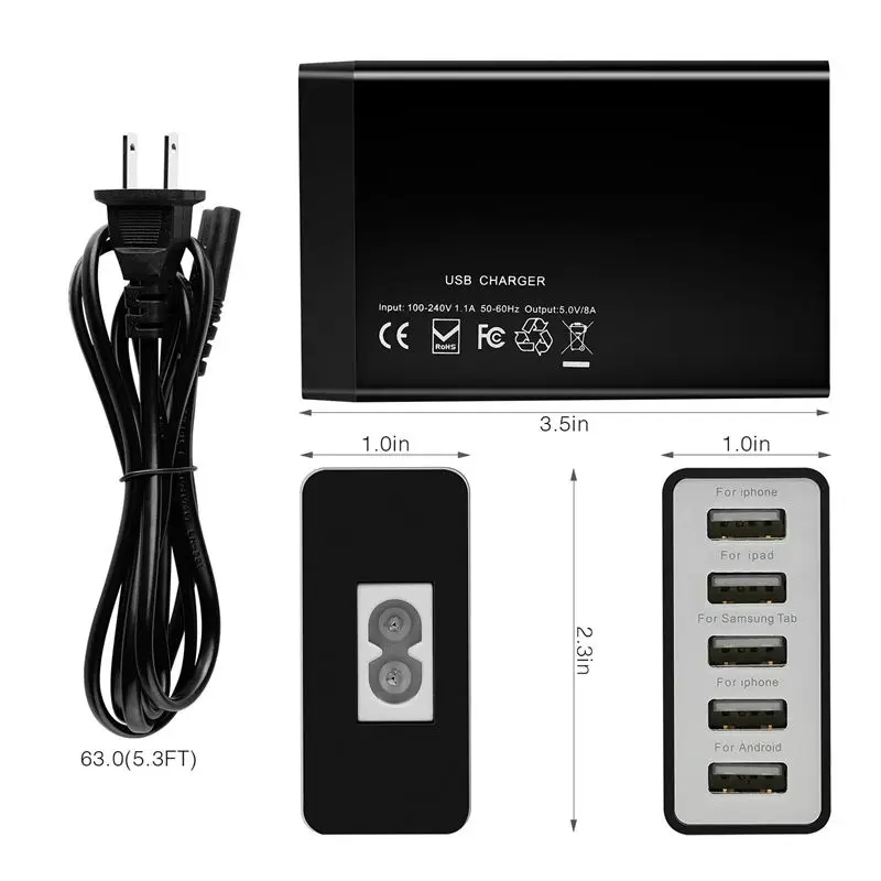Полный 5-Порты и разъёмы Usb Зарядное устройство мульти Порты и разъёмы концентратор, 40 Вт, 8A настольный Usb док-станция для зарядки для нескольких устройств, Портативный 5 Порты и разъёмы Usb Зарядное устройство для р