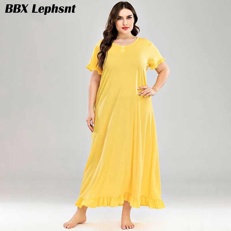 

Big Size Women Summer Loose Long Solid Sleepshirts O-Neck Short sleeves yellow Nightdress Female Casual Home dress Loungewear