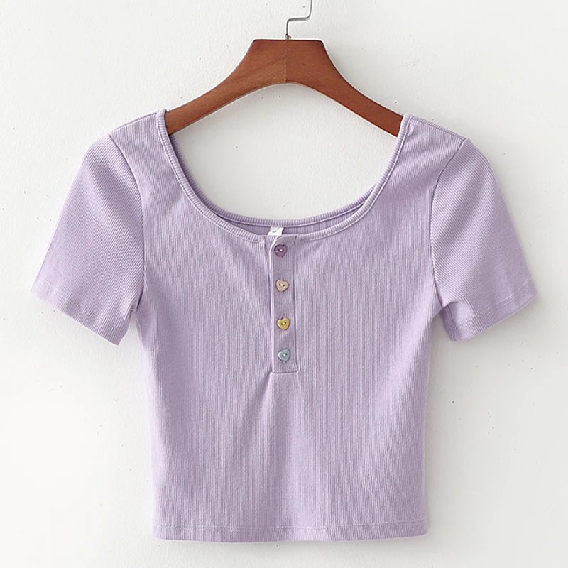 RR Summer Sweet O Neck Tshirts Women Fashion Solid Color Buttons Tops Elegant High Waisted Short Tees Female Ladies FI | Женская одежда