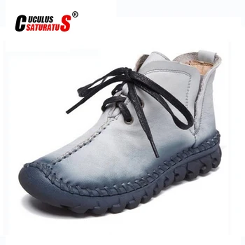 

Cuculus Women Autumn Winter Boots Handmade Genuine Leather Soft Outsole Shoes Lacing UP Flat Ankle Boots For Women 1738