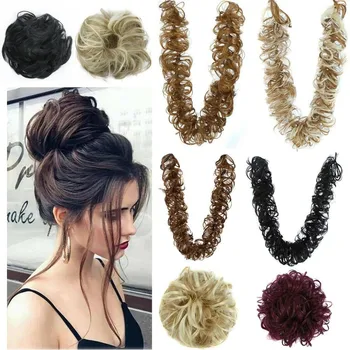 

Real Thick Hair Extension Scrunchie Wrap Messy Bun Updo Curly Ponytail Chignon Ponytail Extensions For Women Elastic Messy Buns