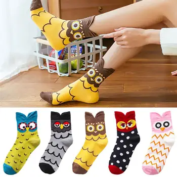 

Cute Cartoon Owl Waves Animal Women Soft Breathable Cotton Middle Tube Socks
