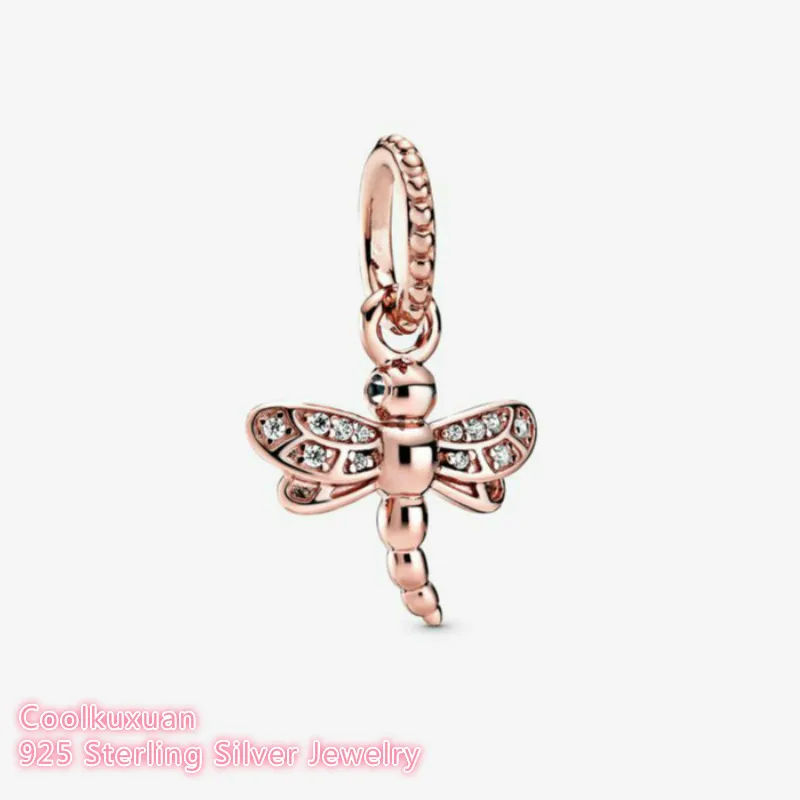 

Spring 100% 925 Sterling Silver Sparkling Dragonfly Pendant Rose Gold beads Fits Original Pandora bracelets Jewelry Making