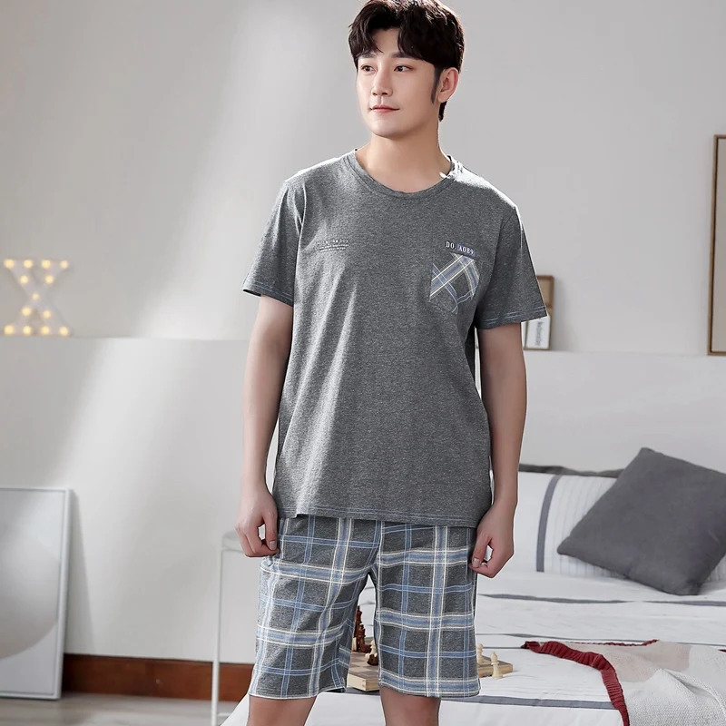 2021 Summer 100% Cotton Short Sleeve Pajama Sets for Men High Quality Sleepwear Suit Pyjama Male Homewear Nightwear Home Clothes mens loungewear sets Men's Sleep & Lounge