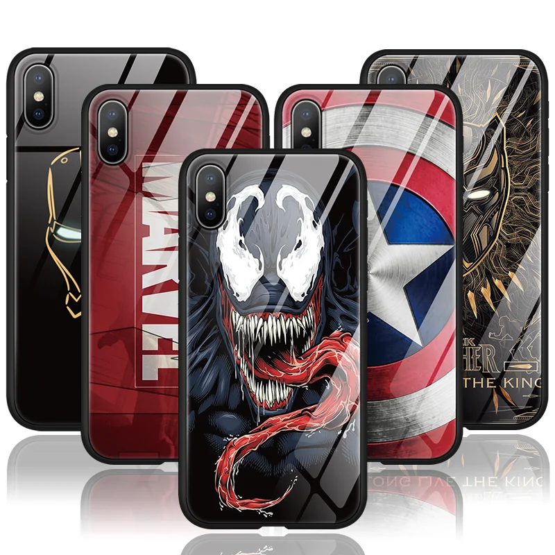 

Luxury Tempered Glass Case For iPhone 6 6S 7 8 Plus XS Max X XR 11 Silicon TPU Coque For iPhone 11 Pro Max Marvel Avengers Cover