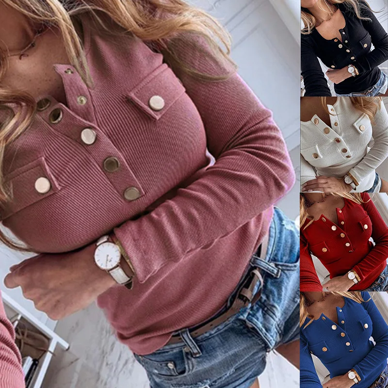 

2020 autumn and winter knitted sweater top casual long-sleeved down collar button pocket sweater jacket