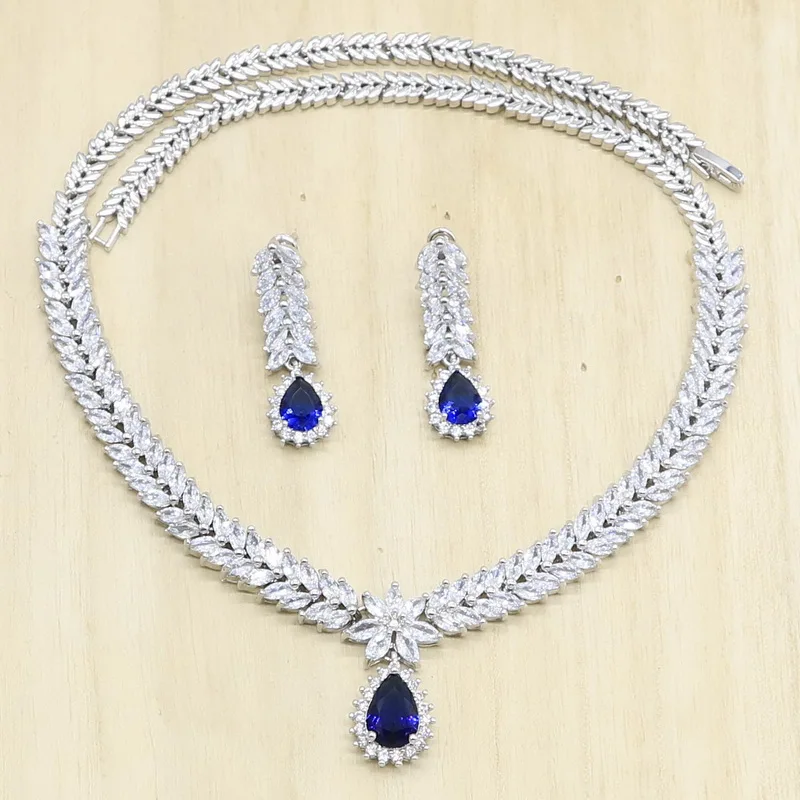 Свадебные серебряные украшения наборы для женщин Свадьба Синий Белый полудрагоценное ожерелье серьги подарок на день рождения