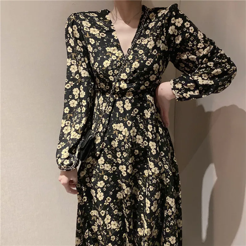 Осенне-весеннее винтажное шифоновое платье с цветочным рисунком, Boho, элегантные женские вечерние платья с длинным рукавом, Vestidos
