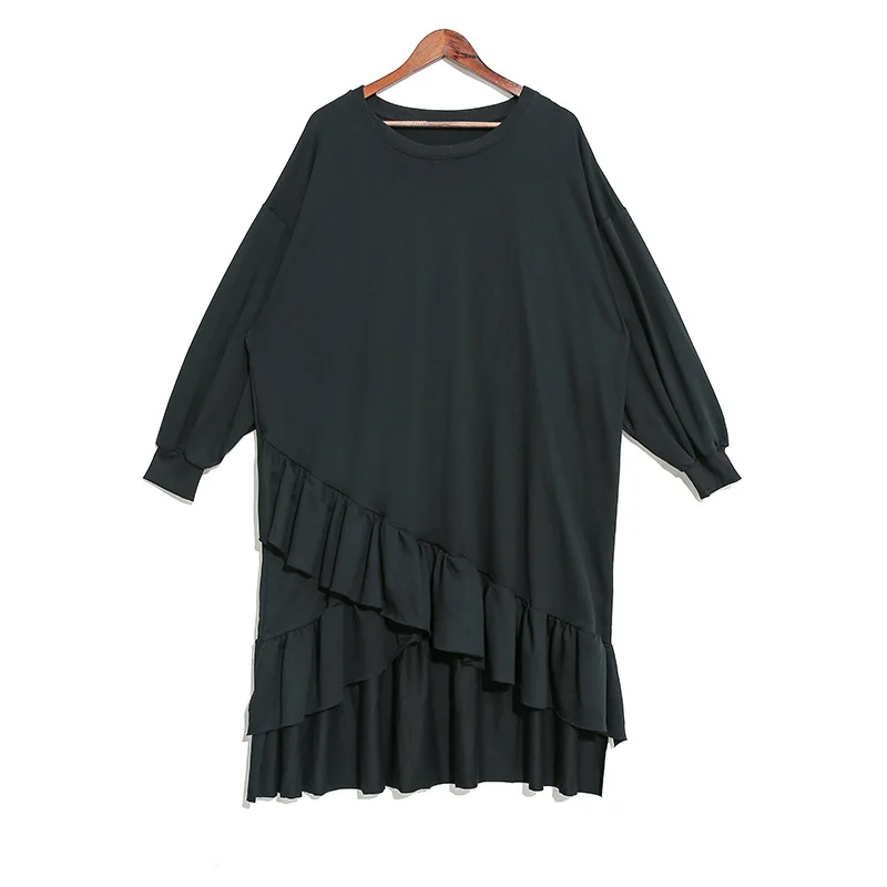 Новинка, корейский стиль, зимнее женское однотонное черное платье с оборками, длинный рукав, прямое женское платье размера плюс, платье миди, женское платье J271