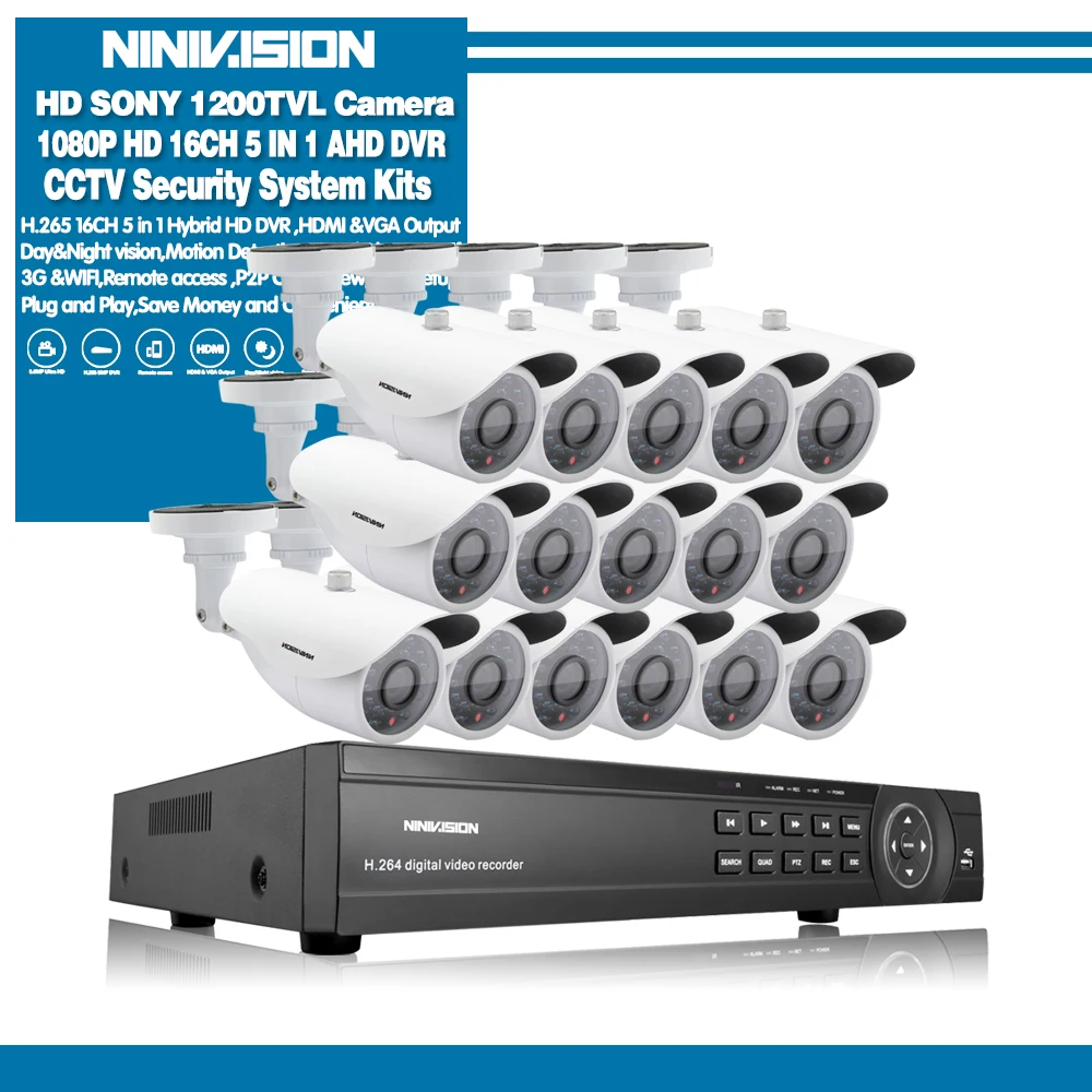 Белый NINIVISION 16-канальный видеорегистратор безопасности 1200TVL видео камера наружного наблюдения комплект 16ch AHD CCTV DVR Запись HDMI 1080P CCTV системы - Цвет: Белый