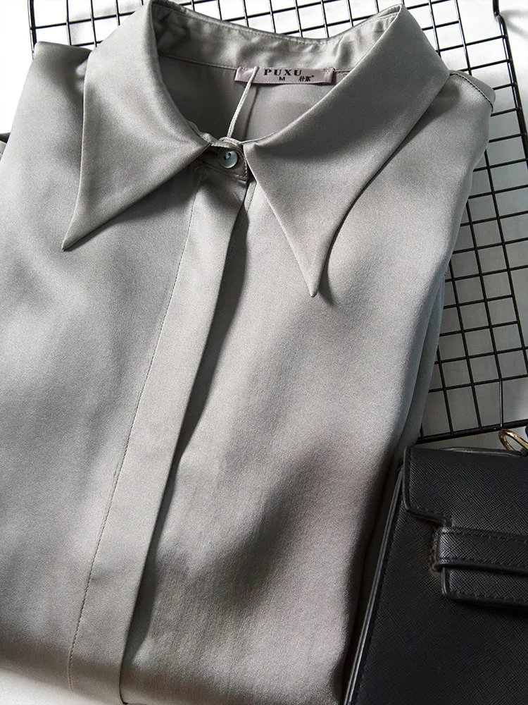 Серый натуральный шелк Blusas Femininas Elegante женская блузка кардиган женские рубашки с длинным рукавом воротник Питер Пэн Офисная Леди