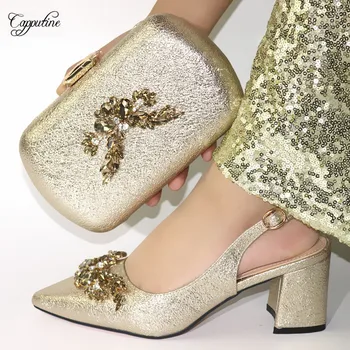 

Elegant Champagne Gold Wedding/Party High Heel Shoes And Evening Bag Sets Latest Pumps With Purse VC187 Heel Height 6.5CM
