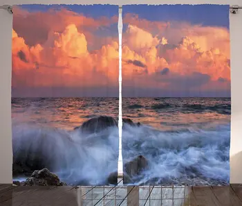 

Ocean Curtains Stormy Sky Dense Clouds at Horizon and Wavy Sea at Rocky Bay at Sunrise Living Room Bedroom Window Drapes Coral