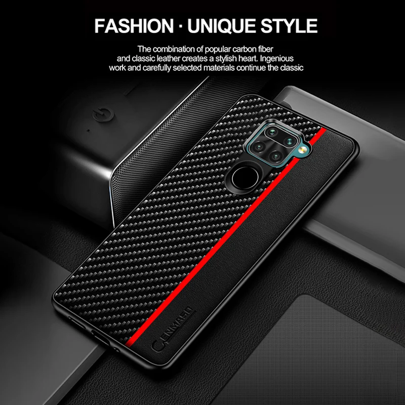 Кожаный чехол Cenmaso для Xiaomi Redmi Note 9 из углеродного волокна с полной защитой задняя