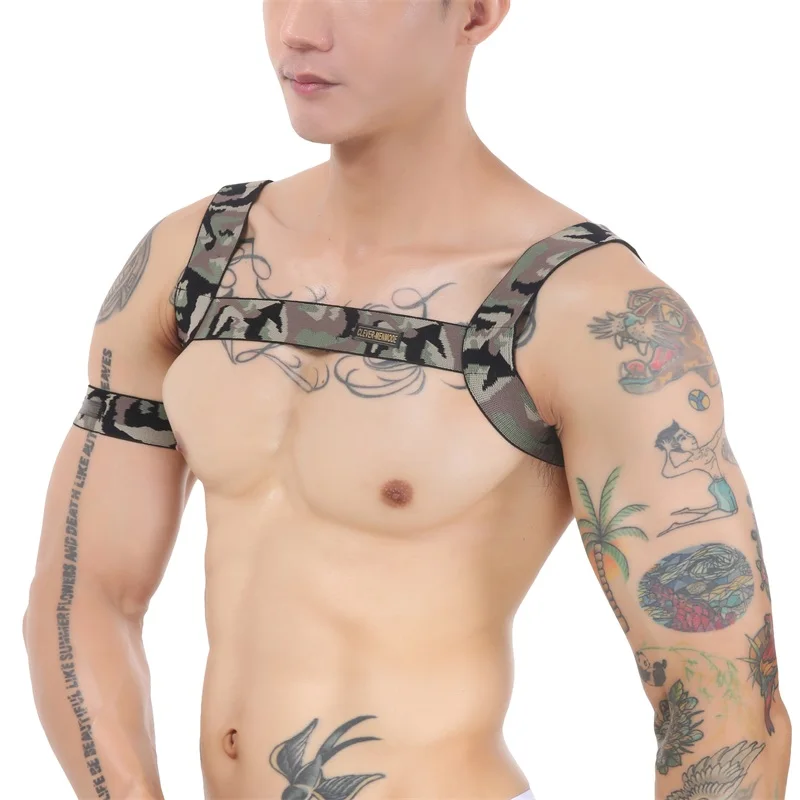

CLEVER-MENMODE Sexy Harness Body Chest Lingerie Men Elastic Strap Bondage Costume hombre Sexy Mens Camouflage Clubwear Arm Band
