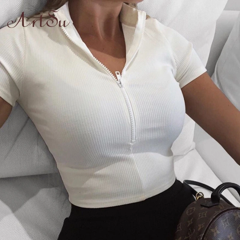 ArtSu женская сексуальная футболка на молнии, новинка, стоячий воротник, одноцветные вязаные топы, облегающие топы с коротким рукавом, футболки ASTS60285