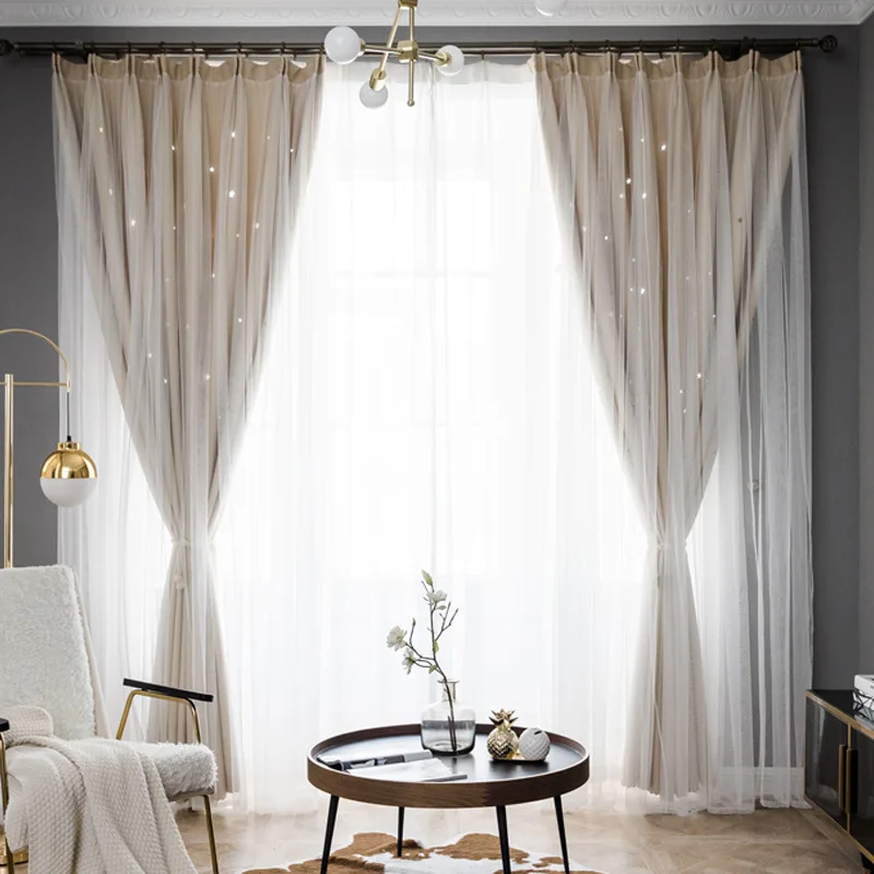 Hollow Star Double Layer Blackout Curtains For Bedroom Kids Girl Pink Sheer Window Curtains For Living Room Window Treatments