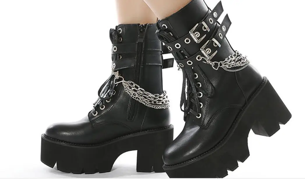 New Women's Boots Fashion Genuine Leather Ankle Boots Thick Heel High Heels Shoes Woman Female Metal chain Boots Spring Large