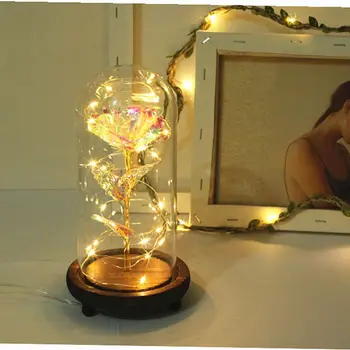 

Artificial Gold Foil Rose Flower And USB Powered LED Light String In Glass Dome On Wooden Base The Best Gift For Women