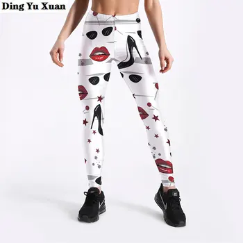 

Woman White Workout Capri Leggings Fitness High Waist Black Shoe Red Lips Printed Women's Fashion Stretchy Leggins Pants