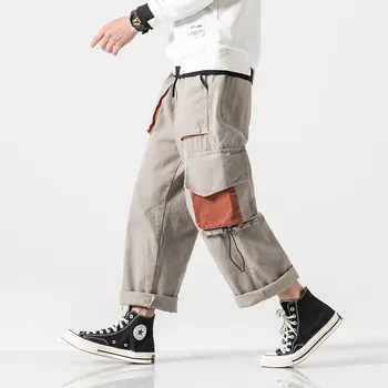 

Color Matching Casual Men Patchwork Pockets Cotton Loose Elastic Waist Cargo Pants