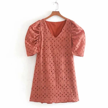 

Hollow Out Embroidery Dress 2020 New V Collar Short Sleeve Women Summer Dress Holes Embroideried 100% Cotton Dress