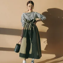 Модные новые модели, чистый хлопок, зеленые широкие длинные юбки с оборками, высокая талия, на шнуровке, плиссированные женские модные корейские штаны WA927