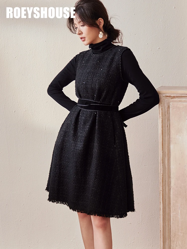 Temperament little fragrance vest dress female autumn and winter new intellectual lace-up slim mid-length skirt