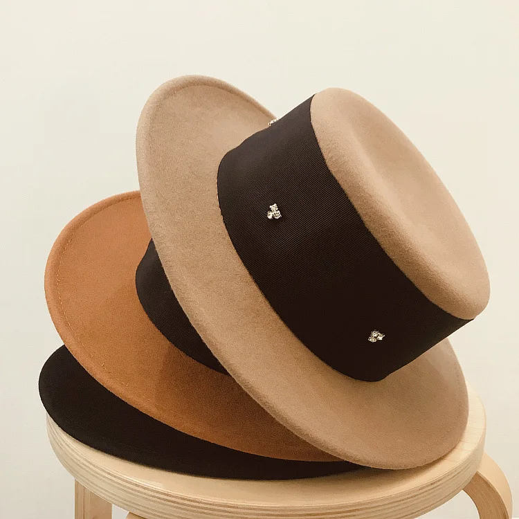 01909-yuan Зимняя шерстяная Женская Шляпа Fedora на плоской подошве с бантом женская шляпа для отдыха Панама