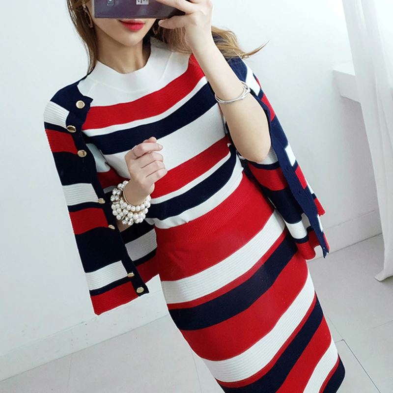 

2019 Autumn Trend Striped 3 Piece Knitted Clothing Set Women Runway Cardigans Jacket+Short Sleeve Knit top+Pencil Skirts suit