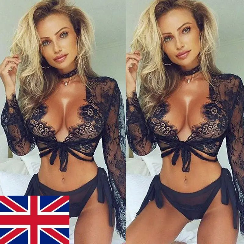 Women Dance Long Sleeve Summer Floral Deep V Neck Sheer Lace Beach Wear Bikini Cover Plunge Tie Up Knot Crop Top New | Женская одежда
