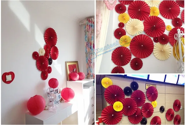 KAXIXI Hanging Paper Fans Party Decorations,Red Gold Side Round Pattern Paper Garlands for Wedding Birthday Carnival Holidays Picnic BBQ Party