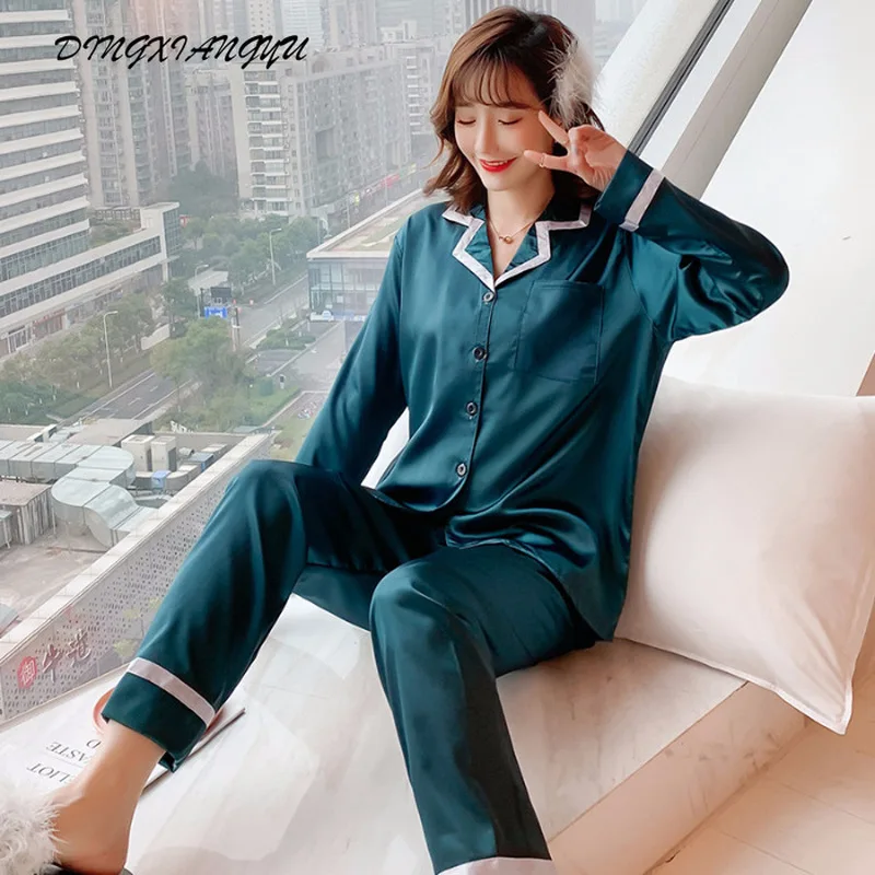 

Pajamas women's long-sleeved ice silk spring and autumn ladies thin section plus size simulationsilkhome service two-piece suit