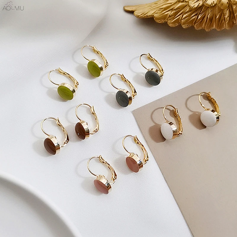 

AOMU Korean S925 Sterling Silver Pin Summer Avocado Green Morandi Color Enamel Geometric Round Stud Earrings For Women Jewelry