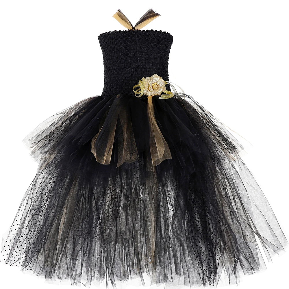 Gold &amp Black Girls Tutu Dress with Train Princess Flower Girl Tulle Kids Wedding Evening Birthday Party Dresses Ball Gown | Детская