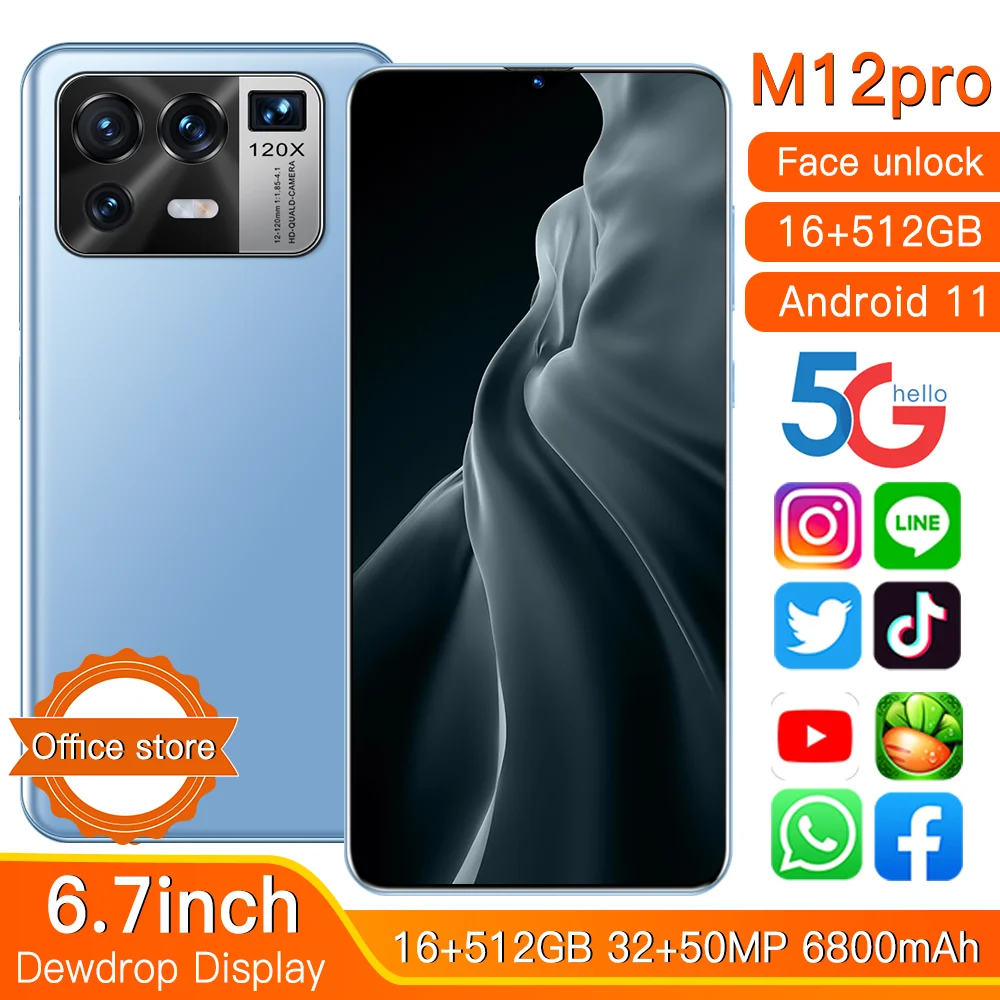 Smartphone M12 Pro 6.7Inch MTK6889 Android11 12G+512G Deca Core 50MP 6800mah 5G Undefined Global Version Mobile Phone