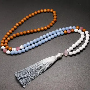 108 Japamala Necklace Mala Natural Real Sandalwood Angelite Howlite 8mm Stone Beads Necklaces Tassel For Women