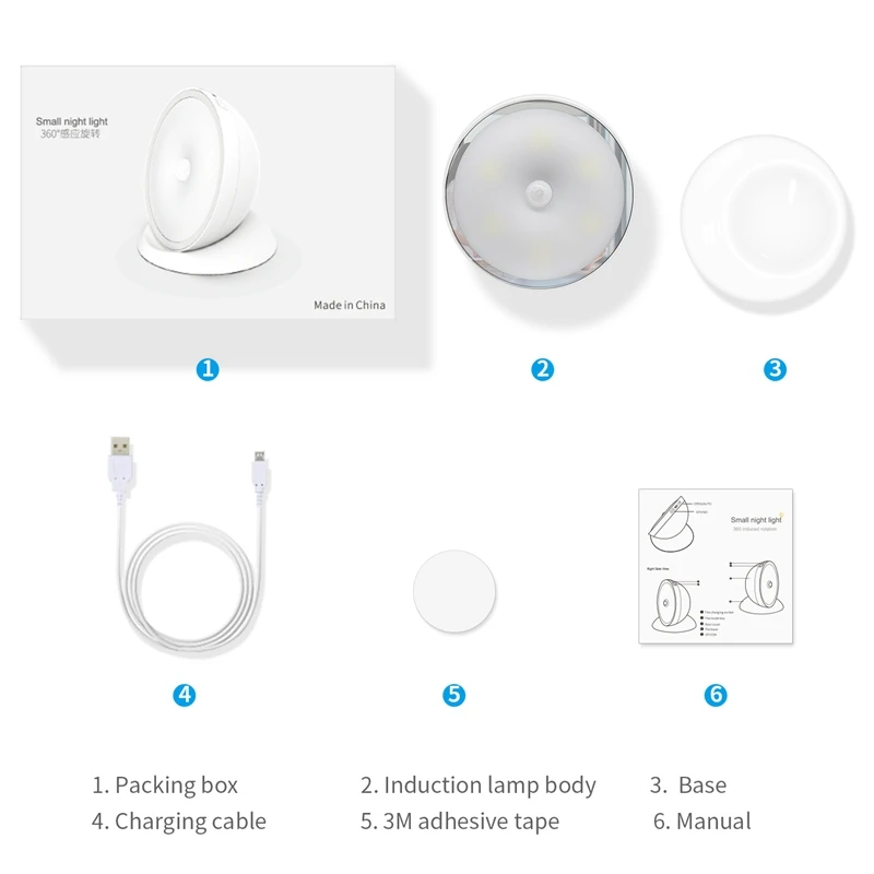 6 Led Night Light 360 Degree Rotatable Magnetic Pir Motion Sensor Lamp for Wardrobe Cupboard Closet Kitchen