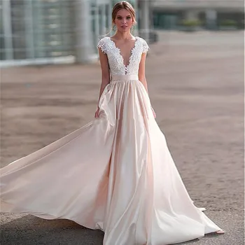 

Lace Appliques Top A-Line Wedding Dresses Pleated Buttons See Through Back Satin Bridal Gowns 2020 Formal Vestidos De Novia