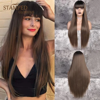 

Stamped Glorious 30inches Straight Long Wig Ombre Black Brown Wig With Bangs Heat Resistant Synthetic Wigs for Black Women