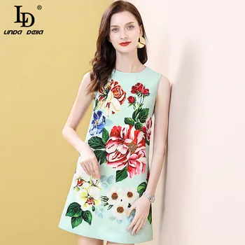 

LD LINDA DELLA 2020 Summer Fashion Designer Mini Dress Women Sleeveless Floral Print Sequin Elegant Ladies Short Dresses